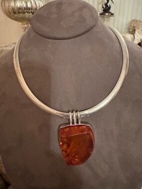 Sterling Collar Necklace with Brown Amber Pendant